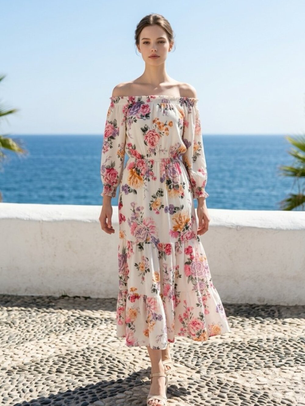 H&M Floral Off Shoulder Midi Dress Cottagecore Boho Romantic Size S